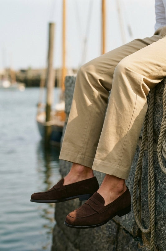 Man sitting on dock wearing chinos and brown Italian suede penny loafer dress shoes