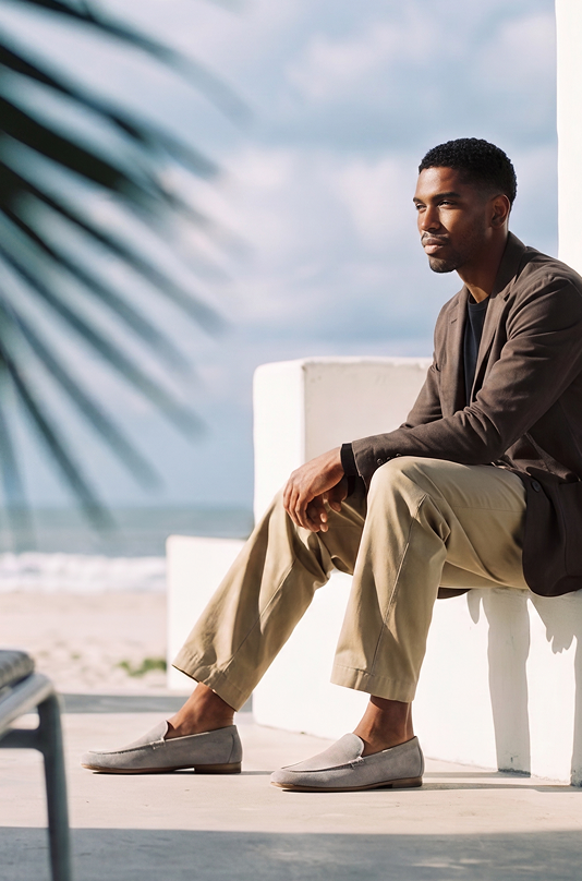 Man sitting by beach wearing Men's European suede leather gray loafers