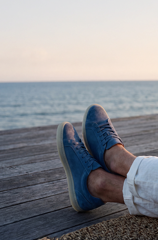 Feet wearing men's european blue suede leather dress sneakers and white pants on a wooden deck by the water.