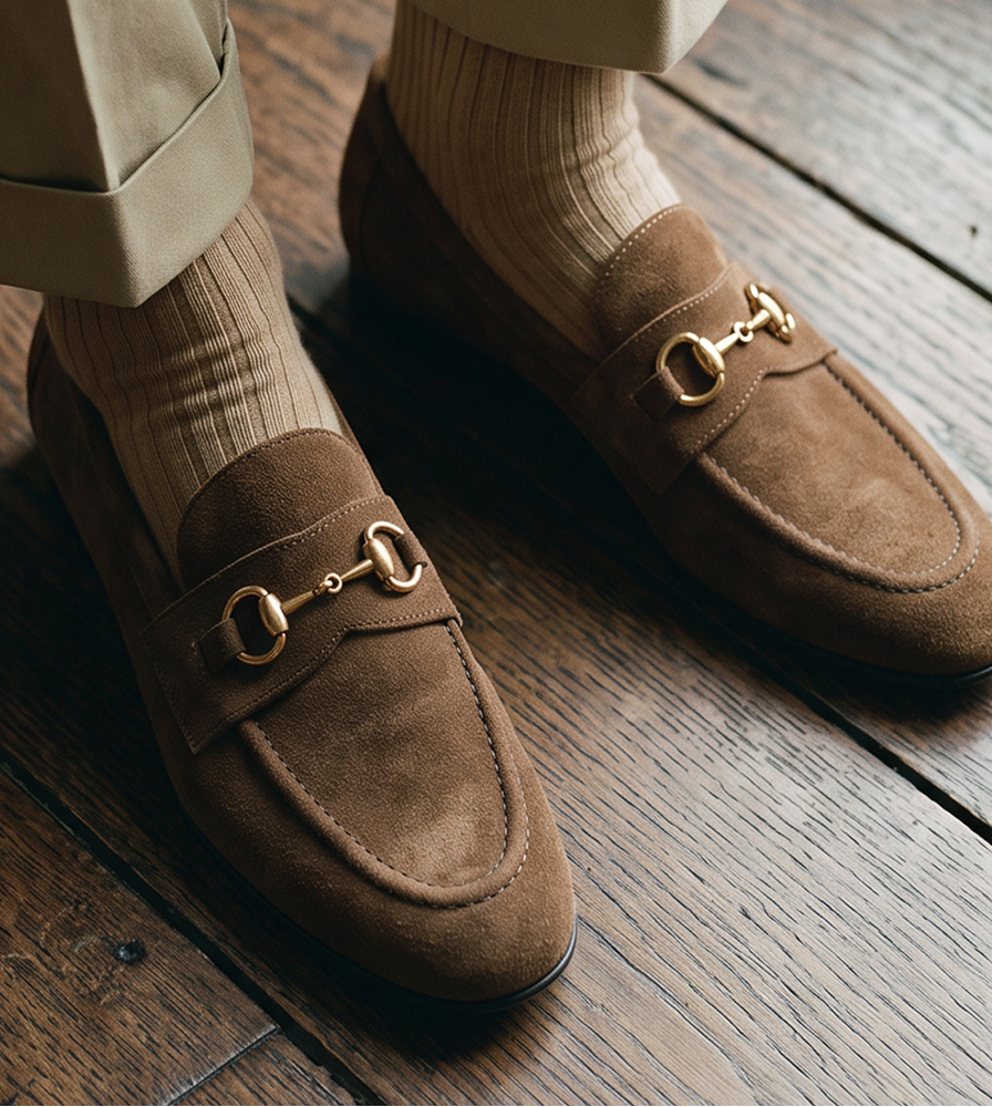 Man standing on wooden floor wearing men's brown Italian leather suede bit loafers with khakis and beige socks.