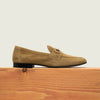 Men's European made tan suede slip-on horsebit loafer dress shoe.