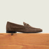 Men's European made dark brown suede slip-on horsebit loafer dress shoe.