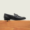 Men's European made black leather slip-on horsebit loafer dress shoe.