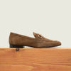 Men's European made light brown suede slip-on horsebit loafer dress shoe.