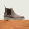 Men's taupe European suede slip on boot with white lug sole and elasticated black side closure