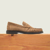 Men's tan brown Italian suede penny dress loafer with brown sole.