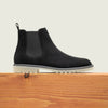 Men's black European suede slip on boot with white lug sole and elasticated side closure