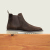 Men's dark brown European suede slip on boot with white lug sole and elasticated side closure