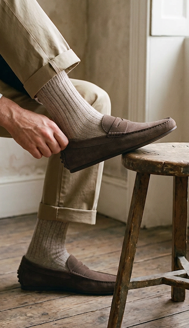 A person wearing men's brown European leather suede penny loafers, cream ribbed socks, and khaki trousers, sitting on a wooden stool in a room with a rustic wood floor and white wall.