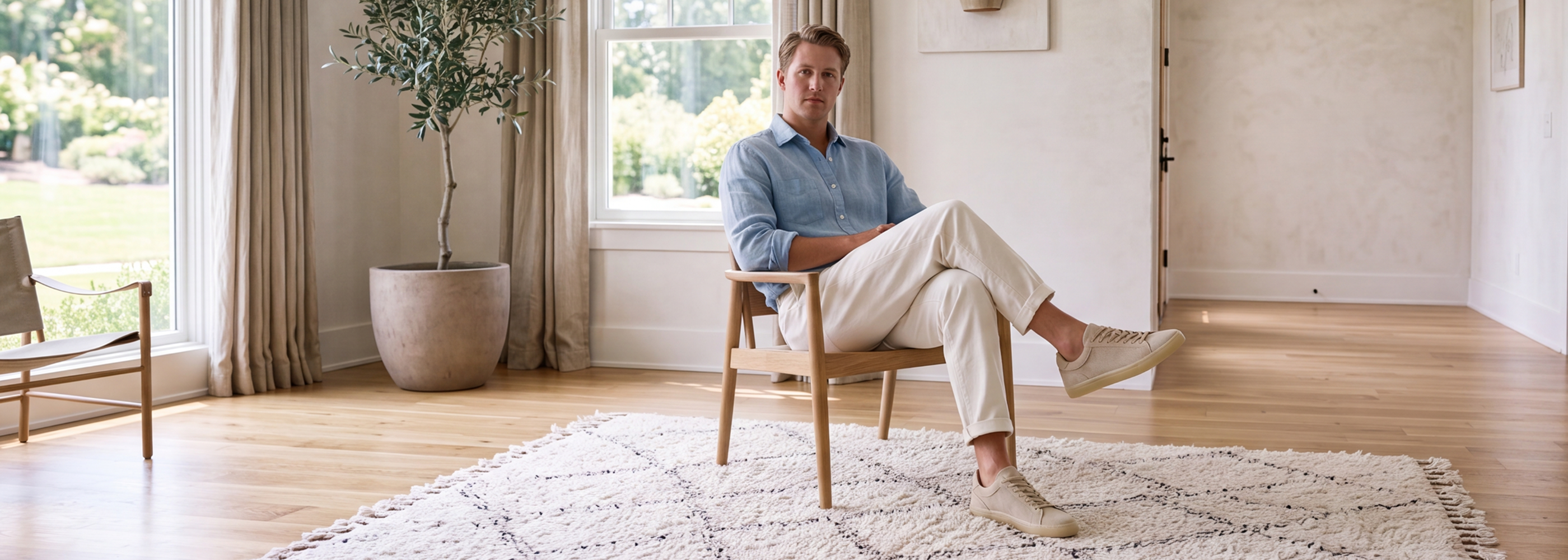 A man sits in a wooden chair on a white patterned rug in a bright, modern living room. He is wearing a light blue button-down shirt, cream trousers, and men's beige Italian suede leather sneaker dress shoes.