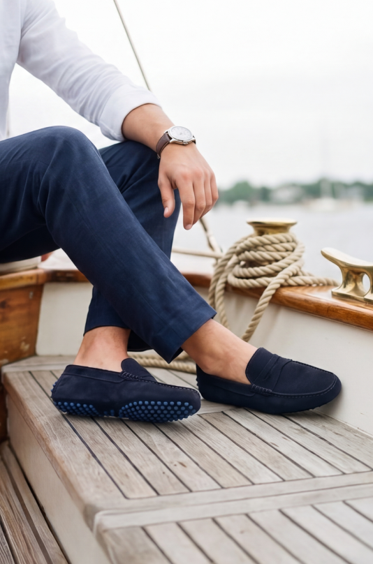Man sitting on a boat wearing men's European leather driving loafer shoes