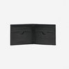 Open view of bifold wallet with six card slots, two pockets and leather bill sleeve in black pebble-grain leather on white